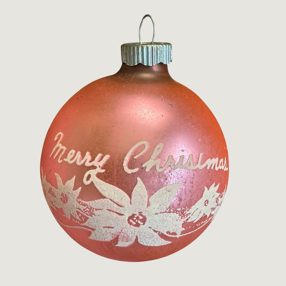Vintage Shiny Brite Pink Glass Ornament Merry Christmas Poinsettia Made in USA